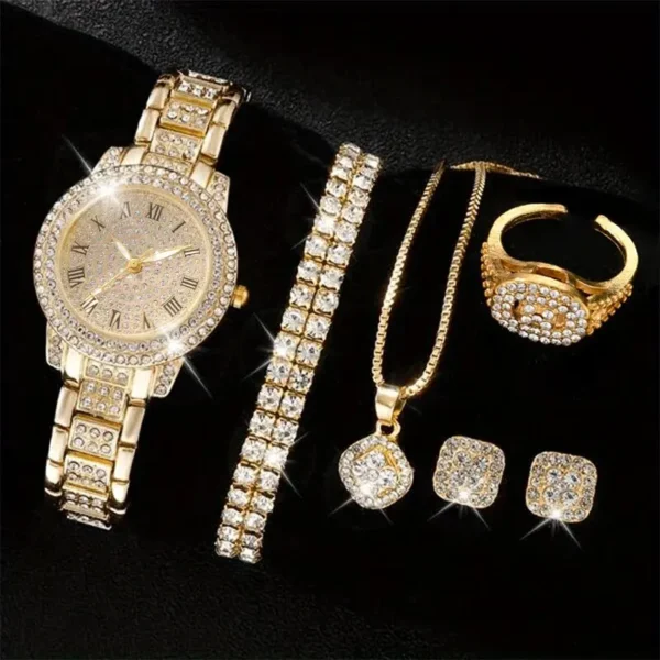 ⁦6PCS femmes montre de luxe élégant alliage montre-bracelet en cristal pour dames cadeau montre à Quartz⁩ - الصورة ⁦3⁩
