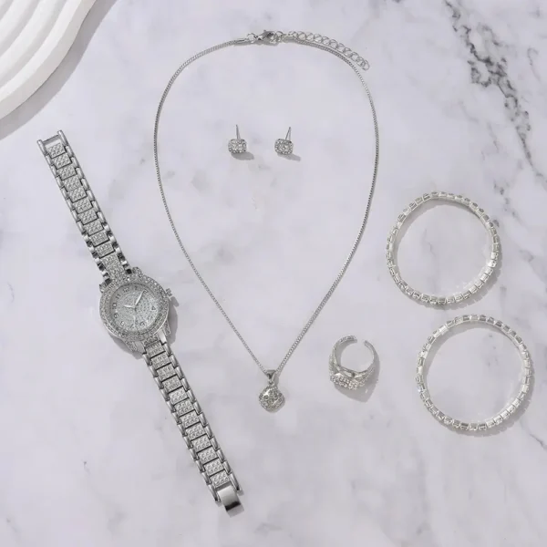 ⁦6PCS femmes montre de luxe élégant alliage montre-bracelet en cristal pour dames cadeau montre à Quartz⁩ - الصورة ⁦4⁩