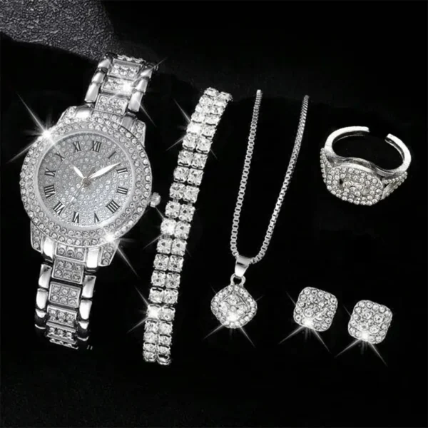 6PCS femmes montre de luxe élégant alliage montre-bracelet en cristal pour dames cadeau montre à Quartz