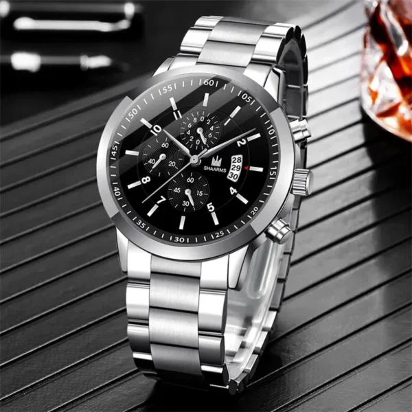 ⁦Montres en acier inoxydable pour hommes, montre-bracelet à quartz de luxe, horloge calendrier, montre d'affaires décontractée, ensemble de bracelets, Reloj zones bre, mode⁩ - الصورة ⁦2⁩